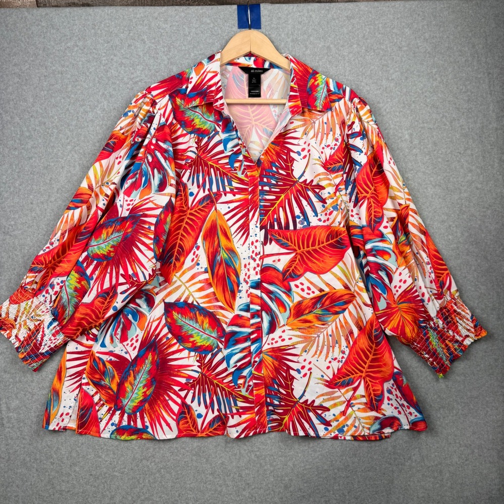 Ali Miles Blouse Womens XL Multicolor Tropical Leaf Print Smocked Cuff Button Up
